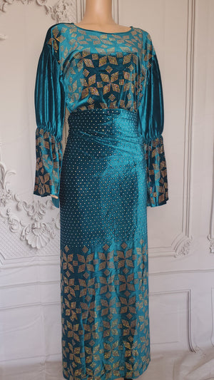 3 Pieces Elegant Italian Velvet Iro ( Wrapper)  and Top with Swarovski Stones (Aqua)