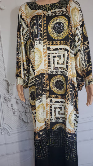 Batwing Arabian Print Kaftan Dress with swarovski stones