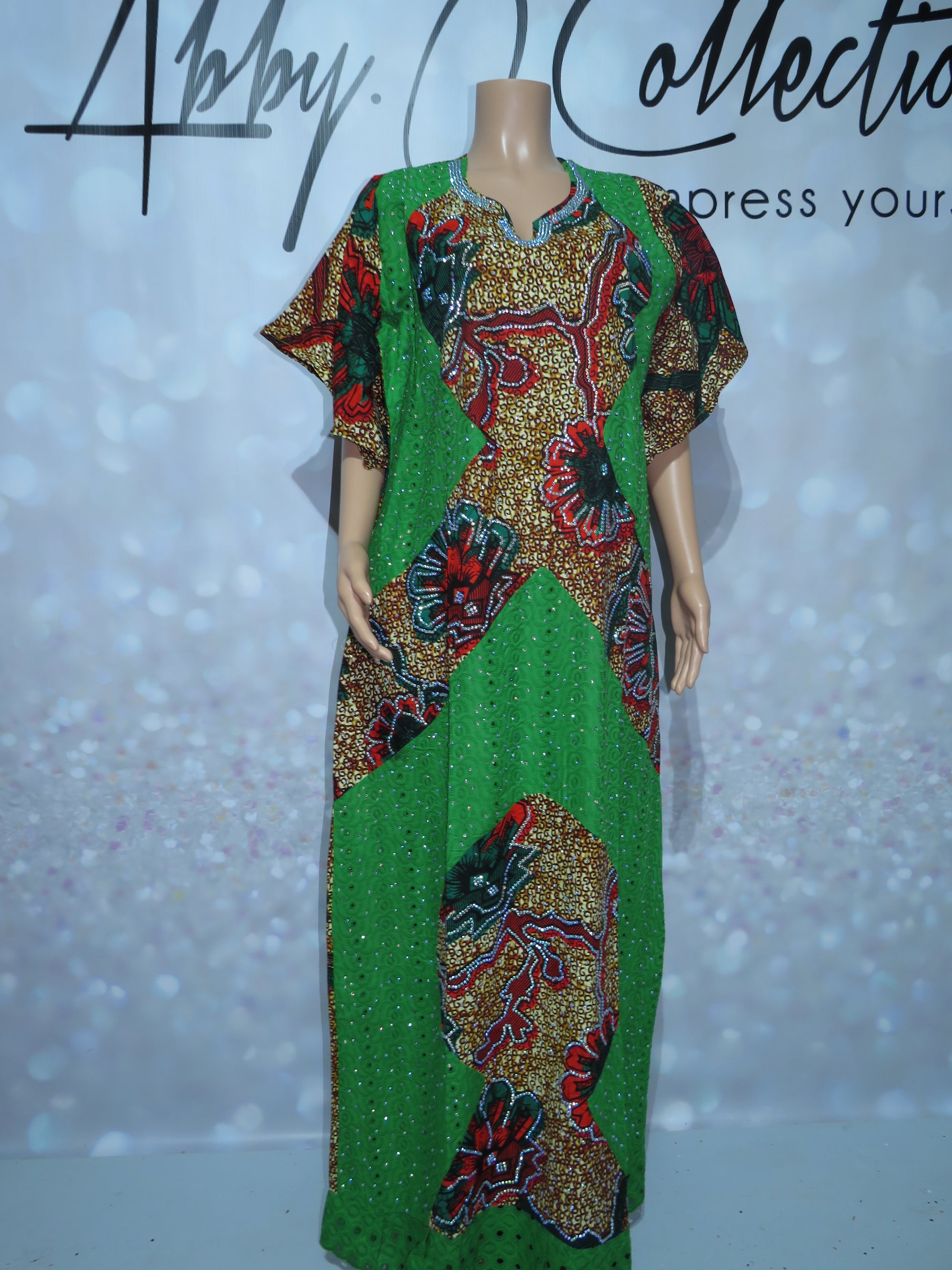 Fully Stoned Ankara Dry Lace Kaftan/Boubou Gown (Green)