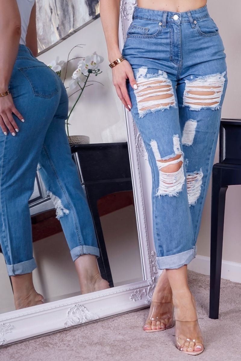 Mid Blue Distressed Multi Rip Turn Up Hem Mom Jeans