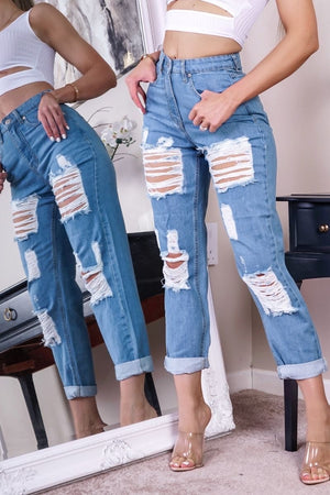 Mid Blue Distressed Multi Rip Turn Up Hem Mom Jeans