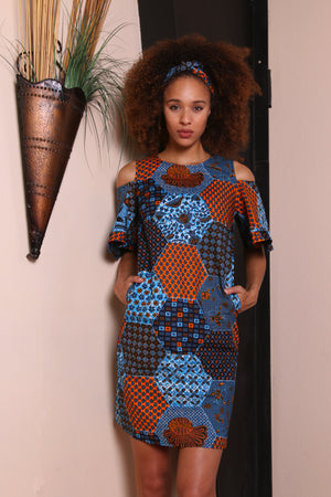 Tolu Cold Shoulder Shift Dress ( Blue/Orange/Black)