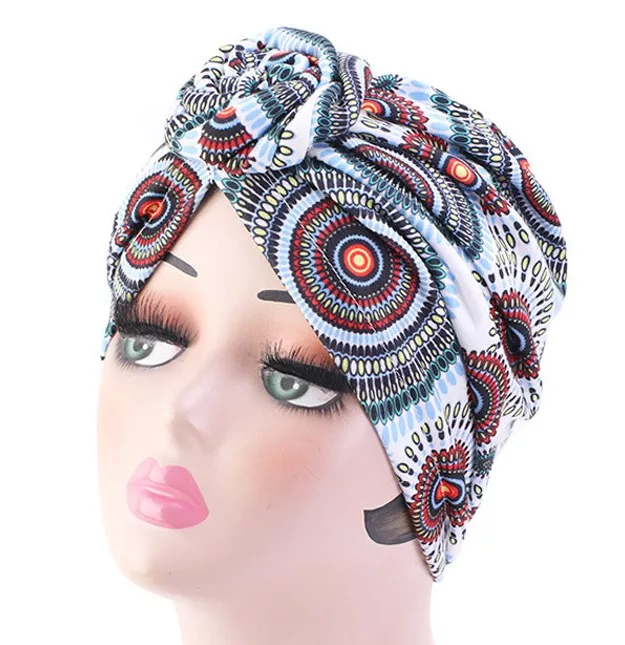Pre-tied Turban Headwrap Print (white/Light Blue)