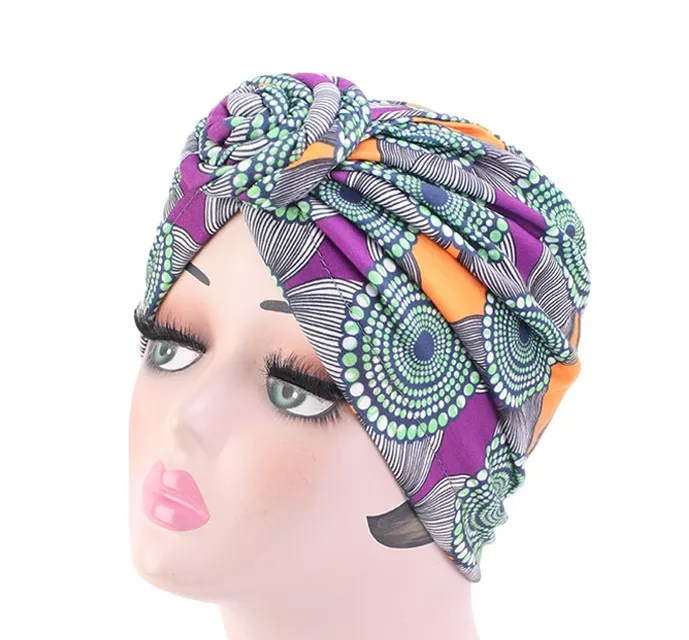 Pre-tied Turban headwrap Print (Purple/Orange)