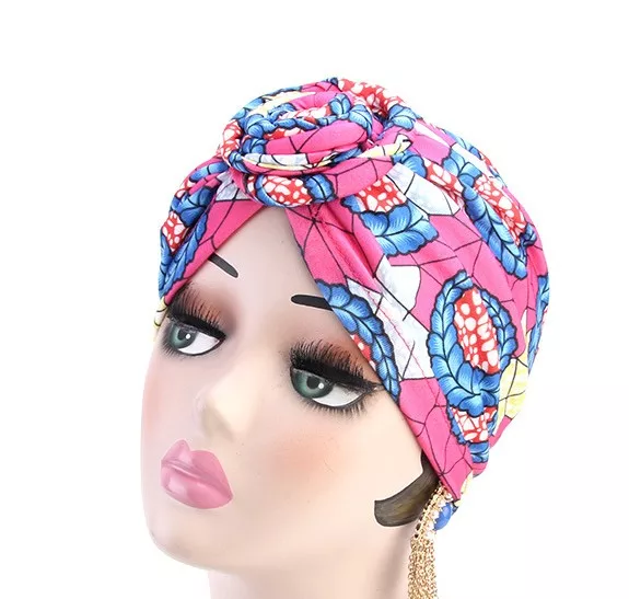 Pre-tied Turban headwrap Print ( fuchsia pink/blue)