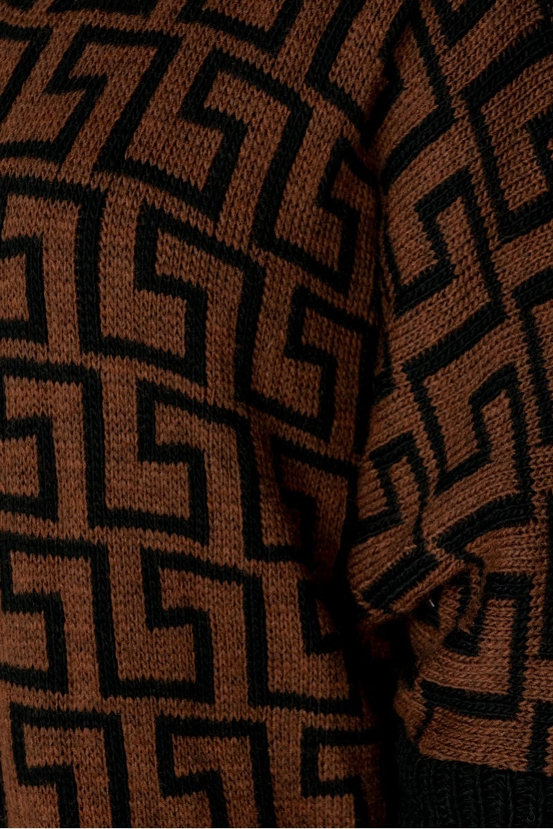 Brown & Black White Geometric Hooded Cardigan