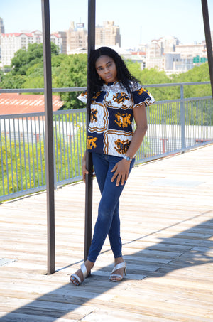 Nanila mock-neck lace ruffle blouse ( Dark blue/Cream/Yellow)