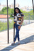 Nanila mock-neck lace ruffle blouse ( Dark blue/Cream/Yellow)