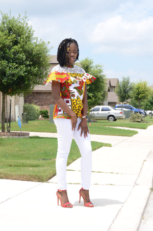 Nanila mock-neck lace ruffle blouse ( Red/White/Yellow)
