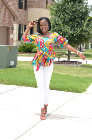 Nanila mock-neck lace ruffle blouse ( Red/White/Yellow)