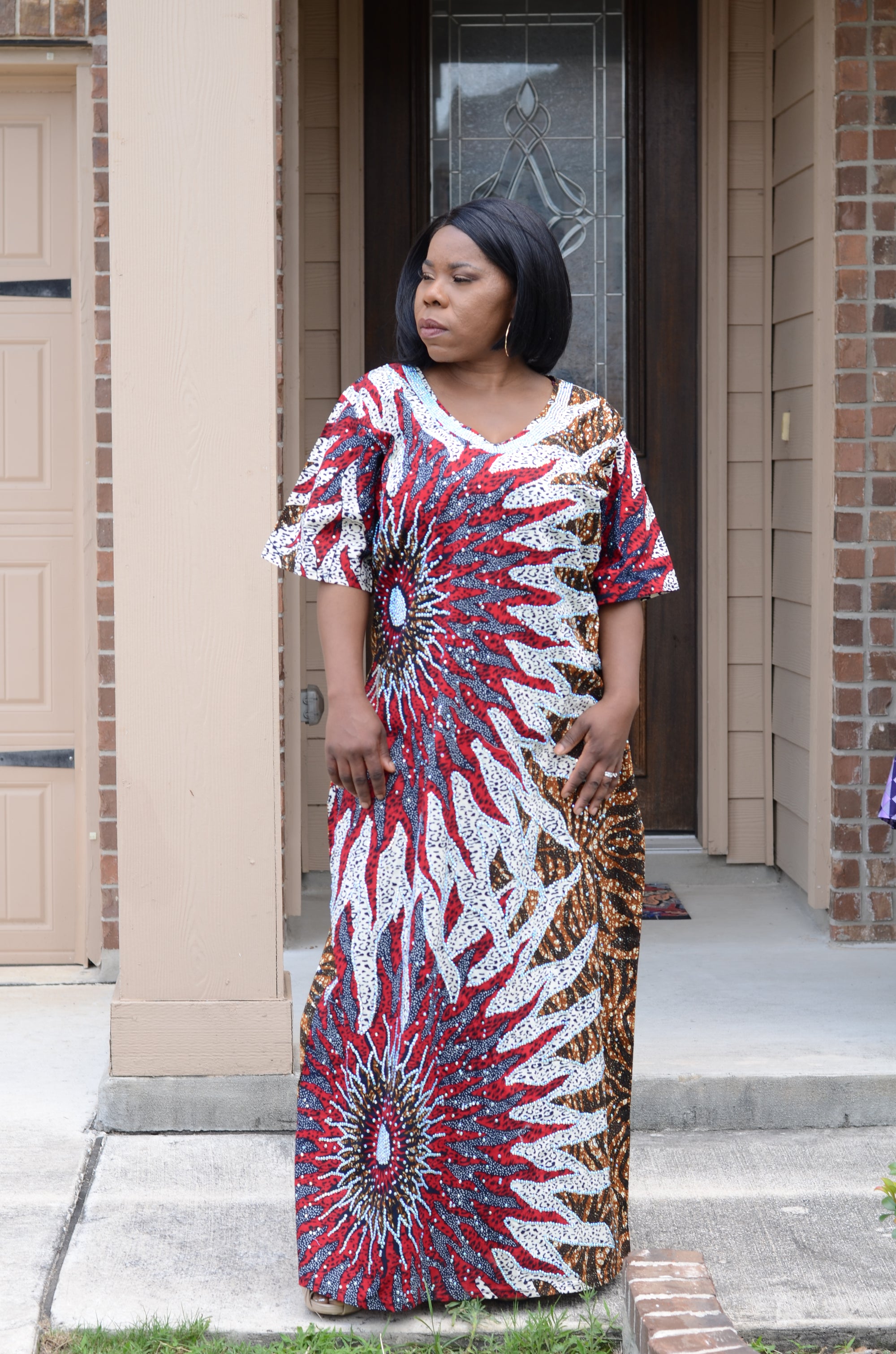 African Print Kaftan (Wine/White/Brown)