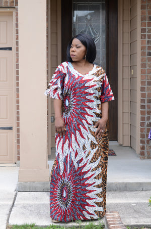 African Print Kaftan (Wine/White/Brown)