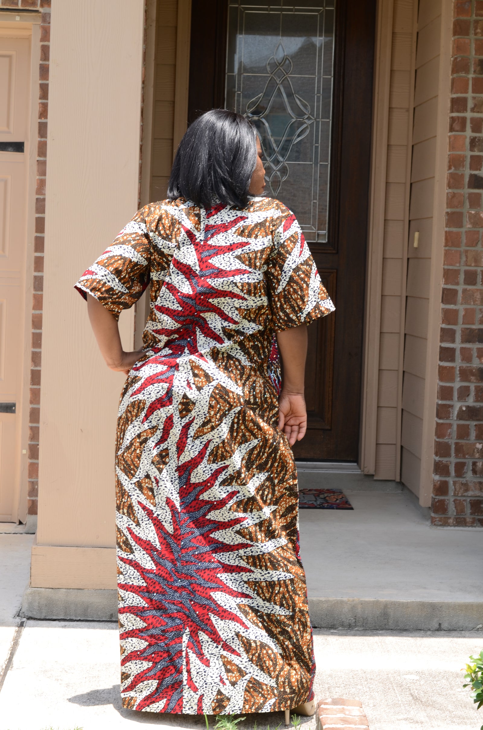 African Print Kaftan (Wine/White/Brown)