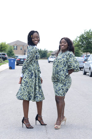Eniola bell sleeves shift dress (Green/White)