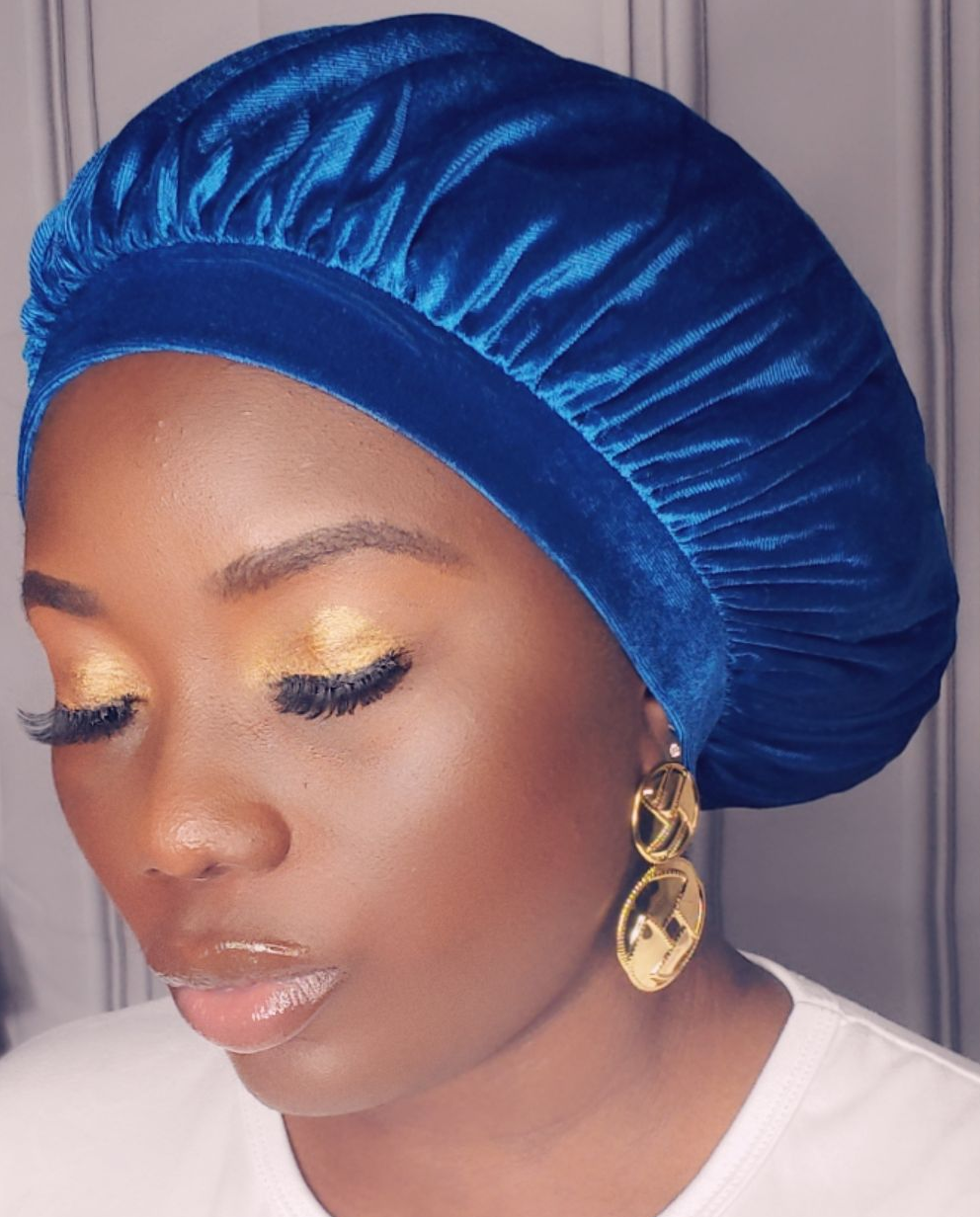 Velvet Adult Hair Bonnet (Navy Blue)