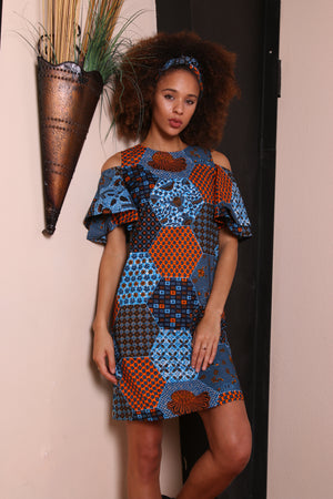 Tolu Cold Shoulder Shift Dress ( Blue/Orange/Black)