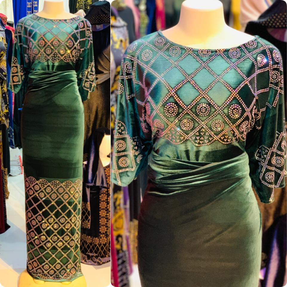 3 Pieces Elegant Italian Velvet Iro ( Wrapper)  and Top with Swarovski Stones (Green)