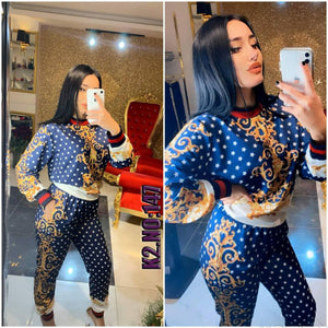Multicolor Casual Print Basic Long Sleeve Two Piece