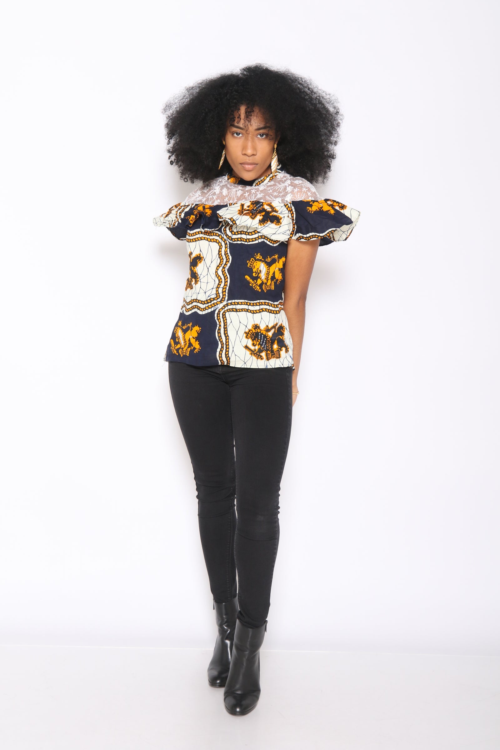 Nanila mock-neck lace ruffle blouse ( Dark blue/Cream/Yellow)