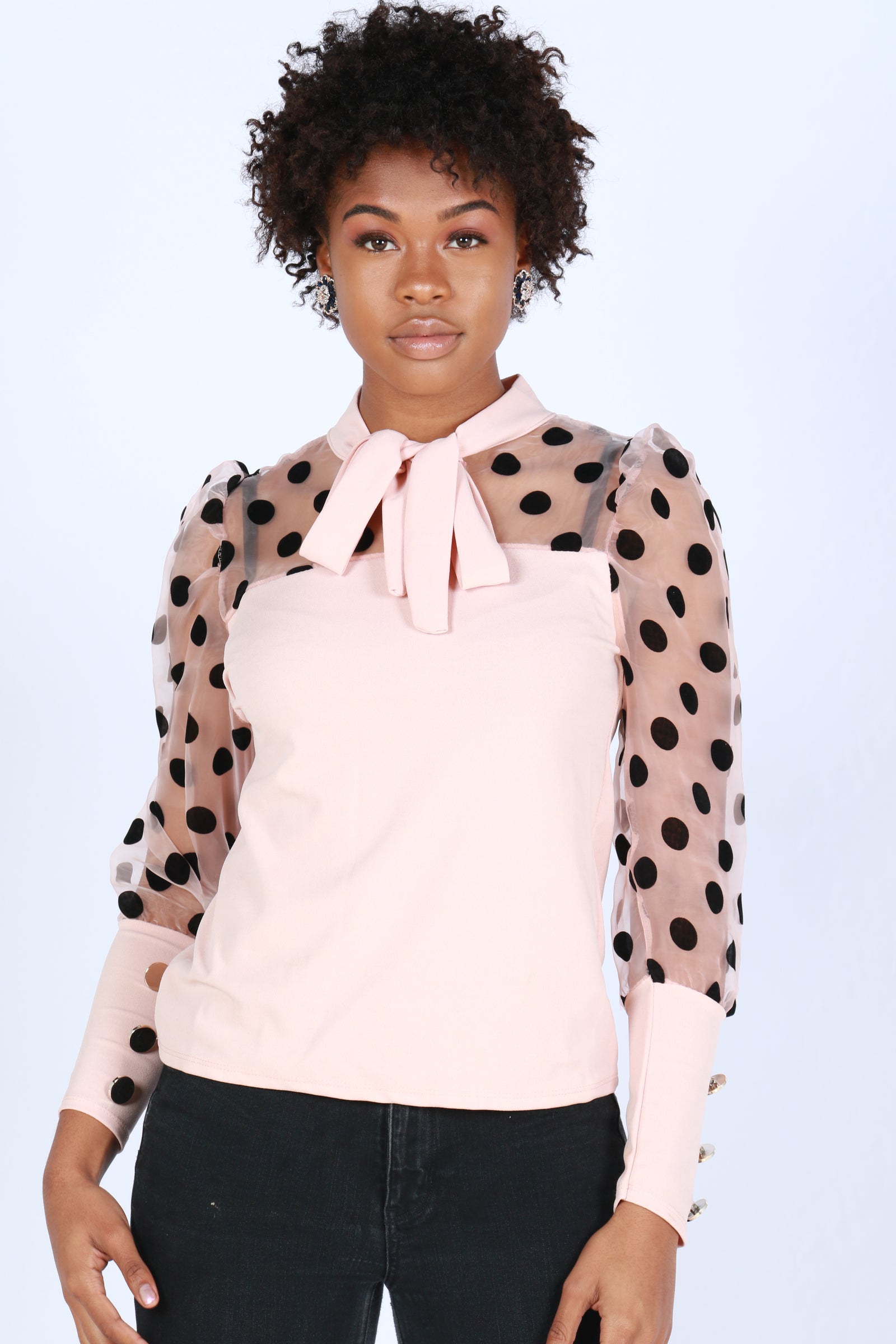 Polka Dot Organza Sleeve Tie Neck ( Nude)