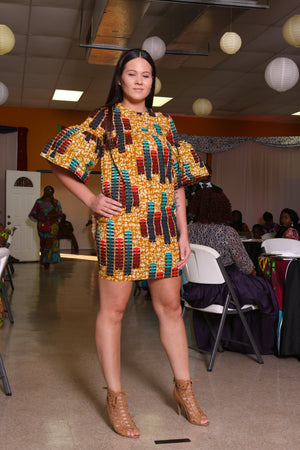 Eniola bell sleeves shift dress( Gold/Wine)