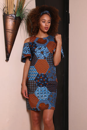 Tolu Cold Shoulder Shift Dress ( Blue/Orange/Black)