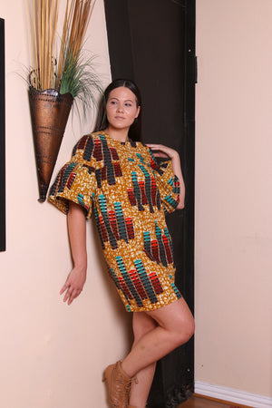 Eniola bell sleeves shift dress( Gold/Wine)