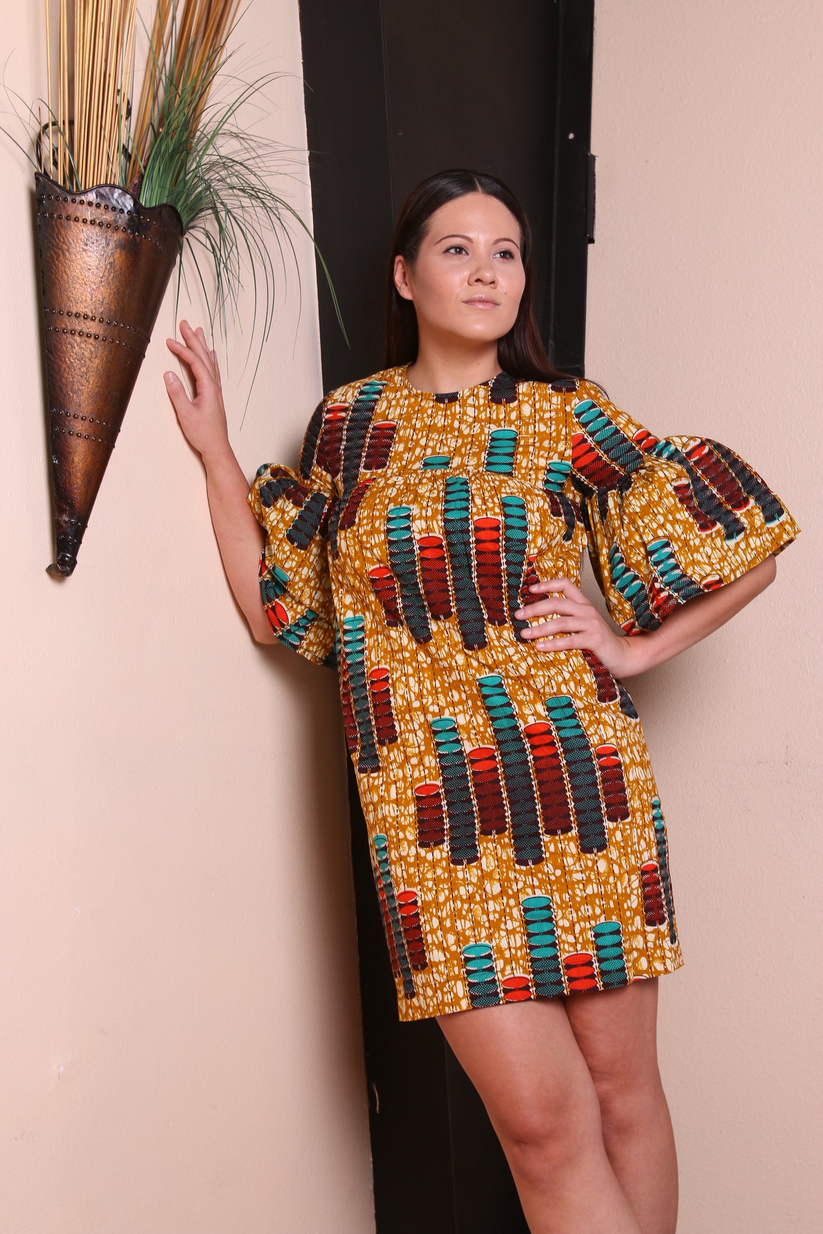 Eniola bell sleeves shift dress( Gold/Wine)