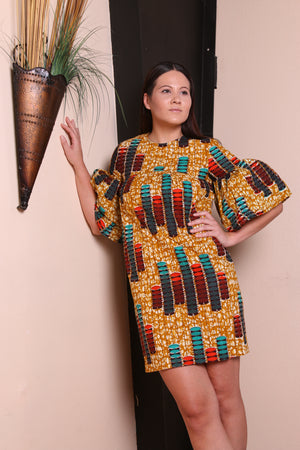 Eniola bell sleeves shift dress( Gold/Wine)