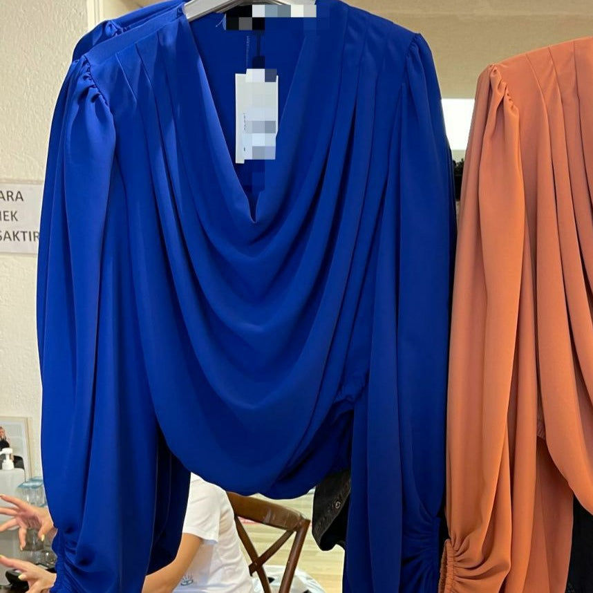 Blue Draped Neck Blouse