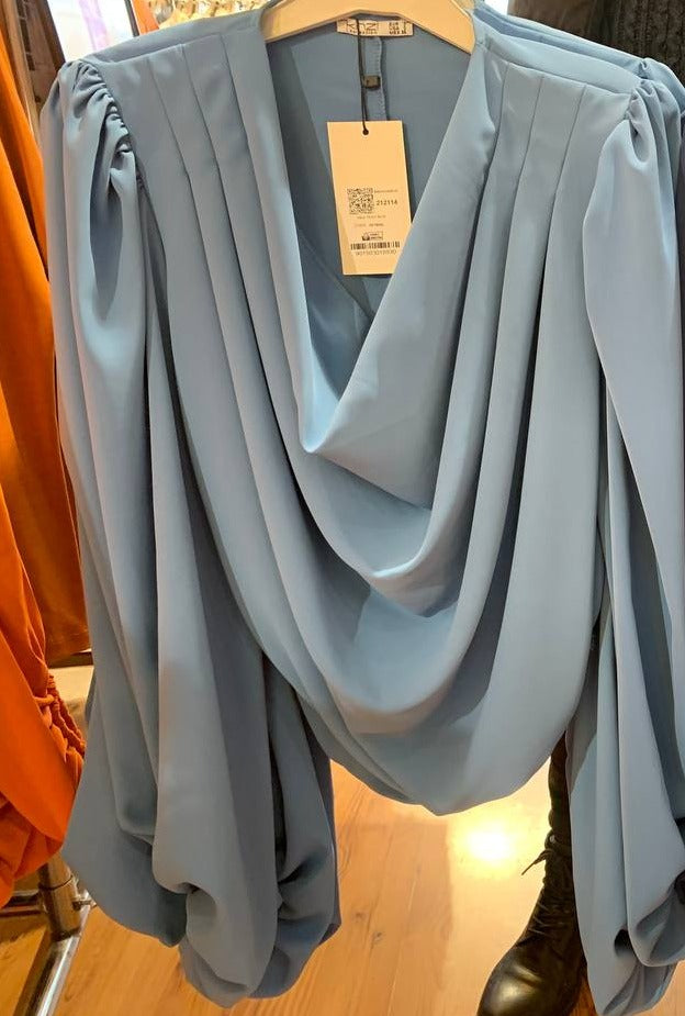 Elegant Cowl Neck Chiffon Silk Blouse ( Sky Blue)