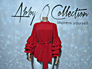 Asymmetrical Tie Front 3 Layers Bell Blouse (Red)