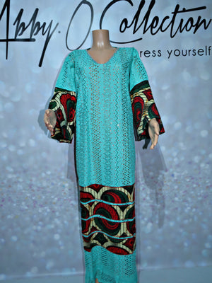 Fully Stoned Dry Lace Ankara Mix Kaftan/Boubou Gown(Teal)