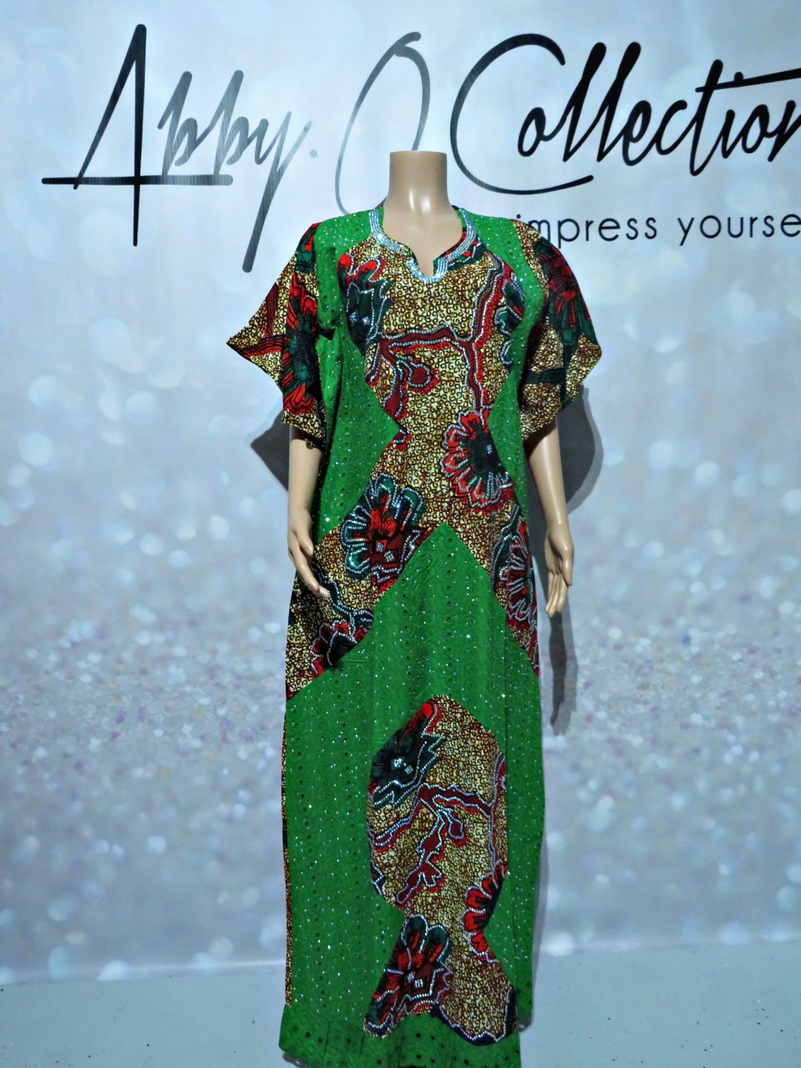 Fully Stoned Ankara Dry Lace Kaftan/Boubou Gown (Green)