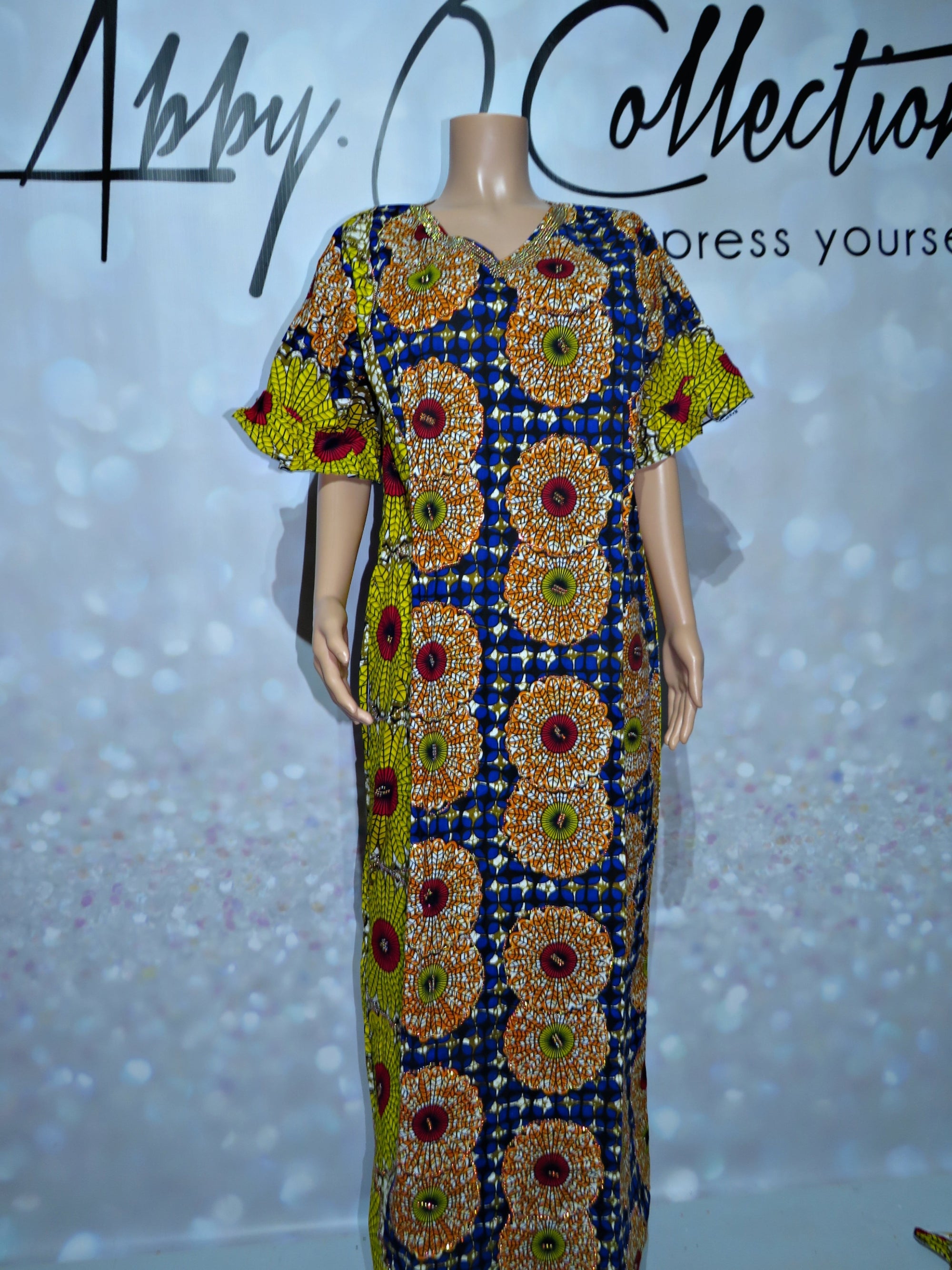 Fully Stoned Ankara kaftan/Boubou Gown (Blue/yellow)