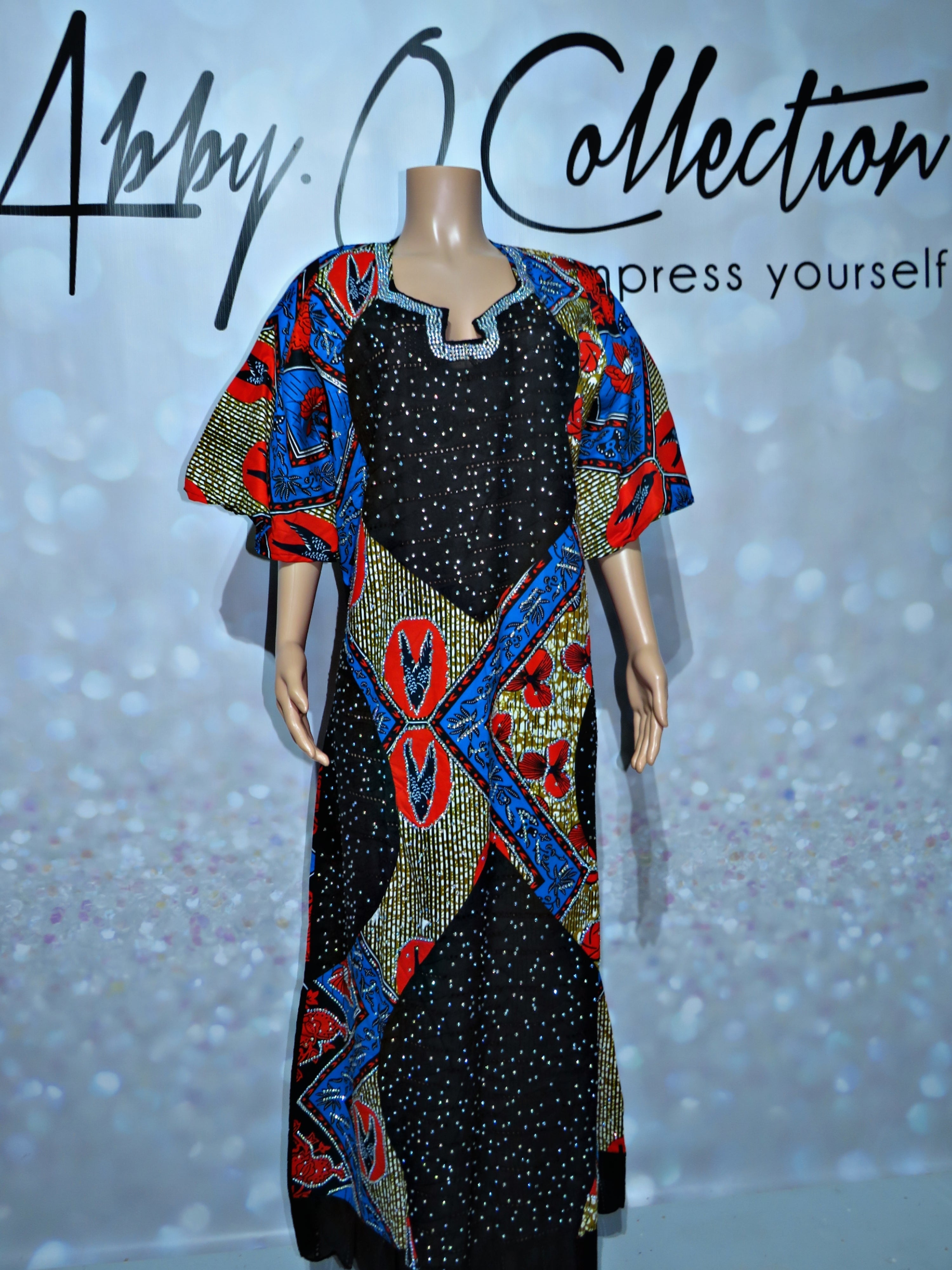 Fully Stoned Dry Lace Ankara Kaftan Boubou Gown Black AbbyO Collection