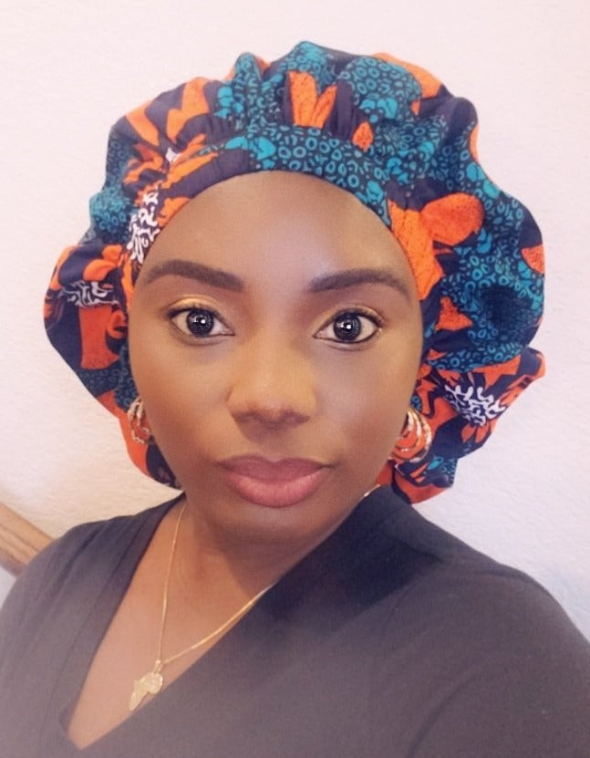 3-in-1 Ankara Print Head Tie Bonnet ( Green/orange)