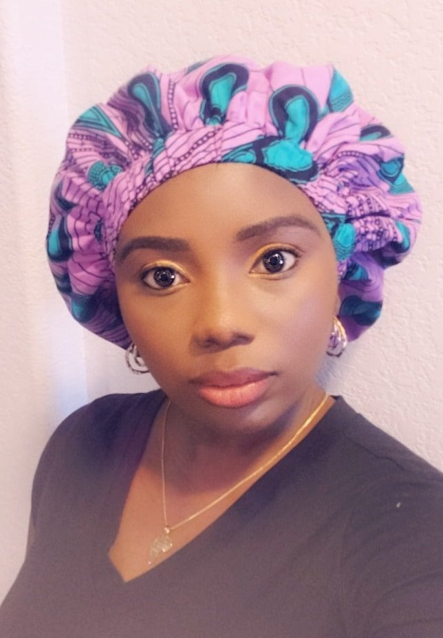 3-in-1 Ankara Print Head Tie Bonnet ( lilac )