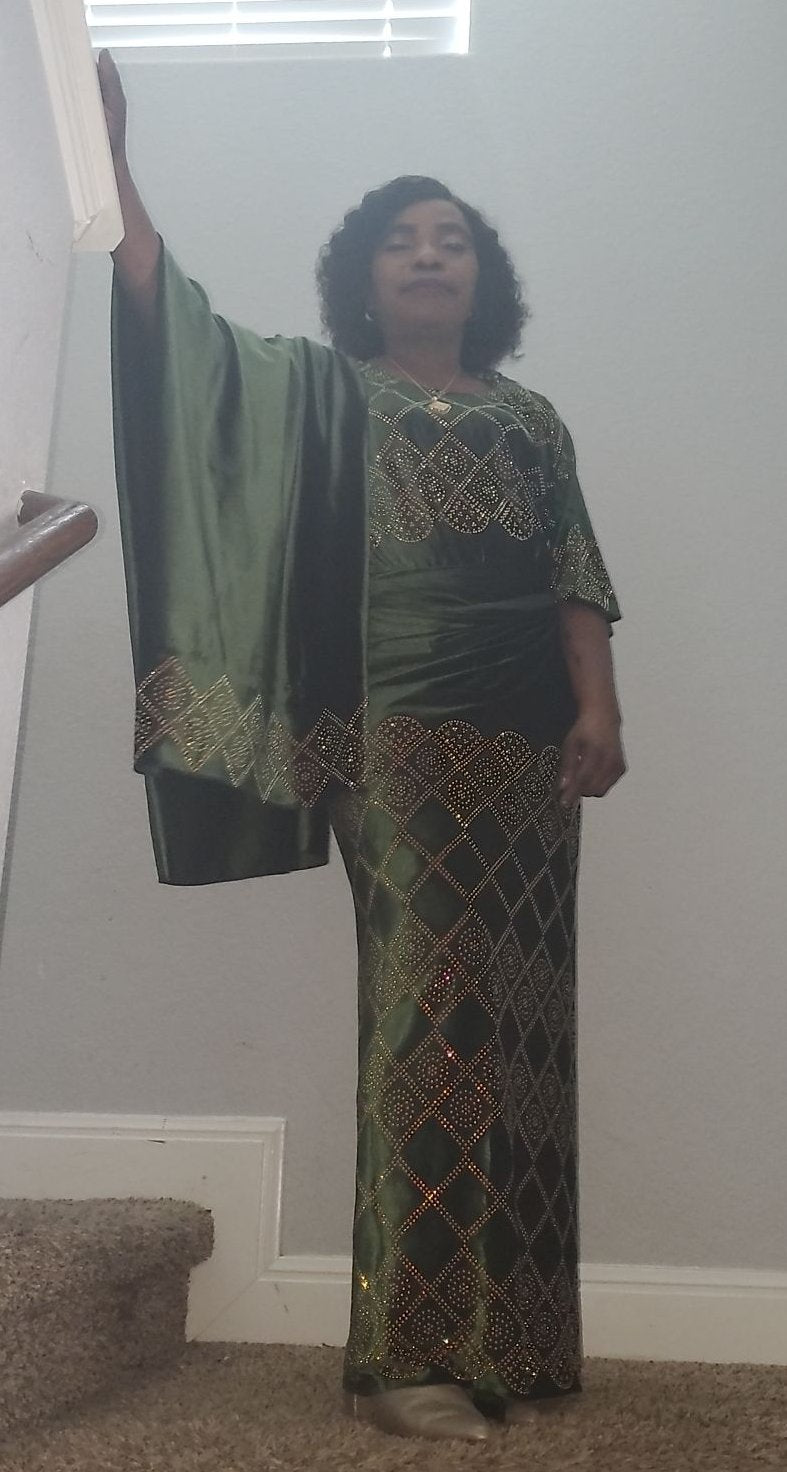 3 Pieces Elegant Italian Velvet Iro ( Wrapper)  and Top with Swarovski Stones (Green)