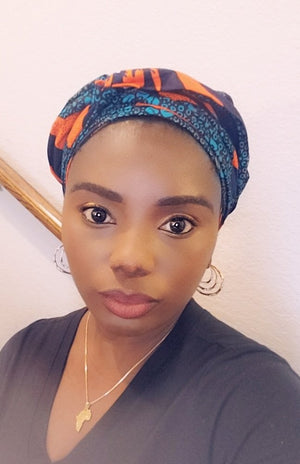 3-in-1 Ankara Print Head Tie Bonnet ( Green/orange)