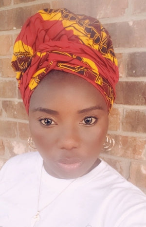 3-in-1 Ankara Print Head Tie Bonnet ( Red & Yellow )