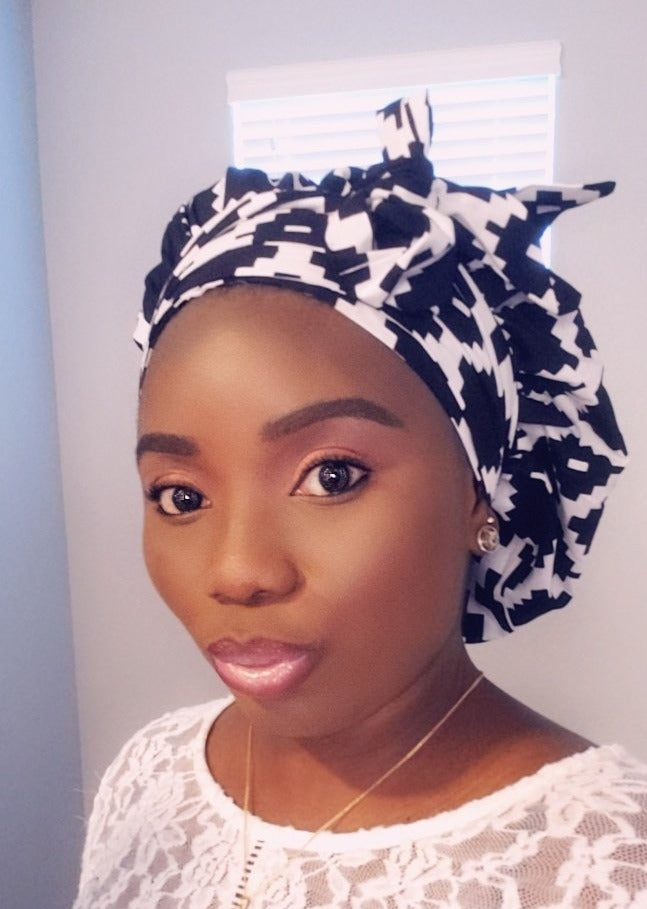 3-in-1 Ankara Print Head Tie Bonnet ( Black & White )