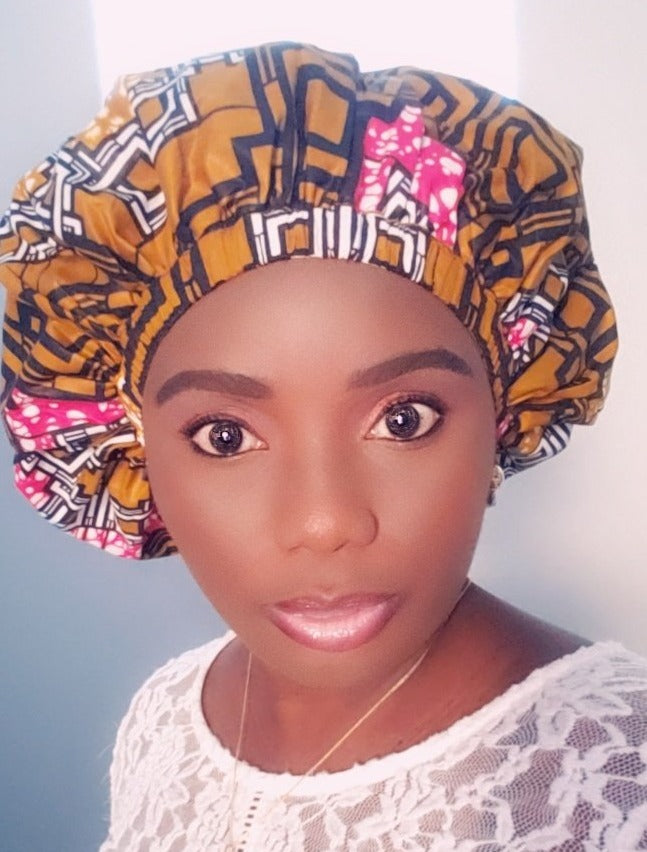 3-in-1 Ankara Head Tie bonnet ( brown/black/pink)