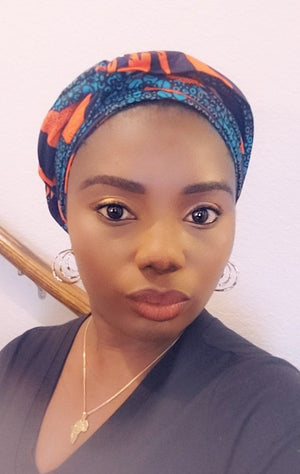 3-in-1 Ankara Print Head Tie Bonnet ( Green/orange)