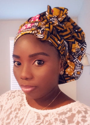 3-in-1 Ankara Head Tie bonnet ( brown/black/pink)