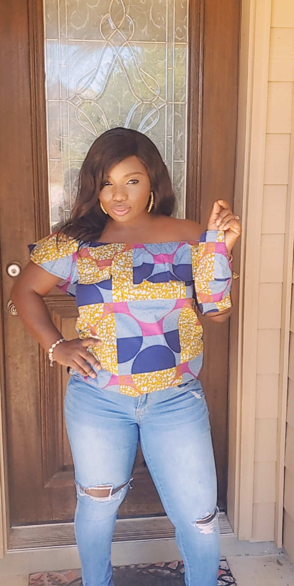 Bolaji Off Shoulder Blouse ( Pink/Blue)