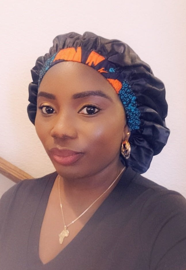 3-in-1 Ankara Print Head Tie Bonnet ( Green/orange)