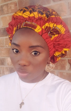 3-in-1 Ankara Print Head Tie Bonnet ( Red & Yellow )
