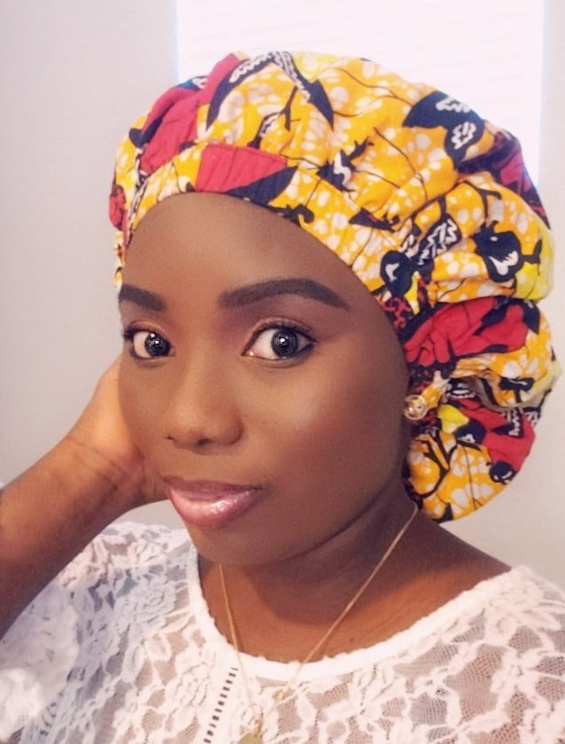 3-in-1 African  Head Tie  Bonnet (yellow/red/ black)