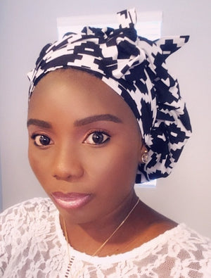 3-in-1 Ankara Print Head Tie Bonnet ( Black & White )